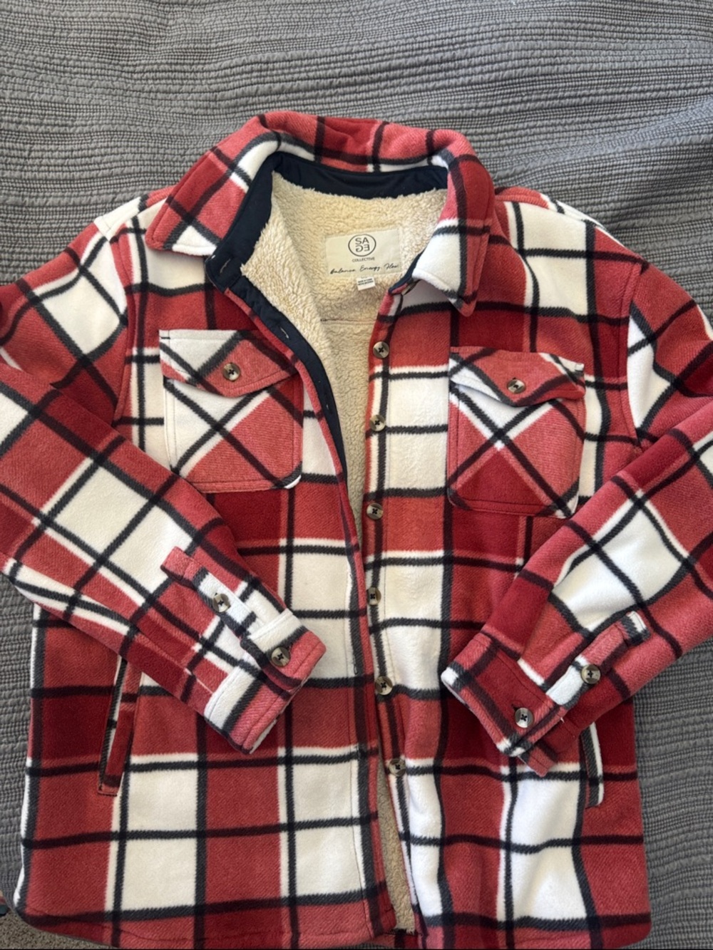Sage Red and White Plaid Sherpa-Lined Puffer Shirt/Jacket